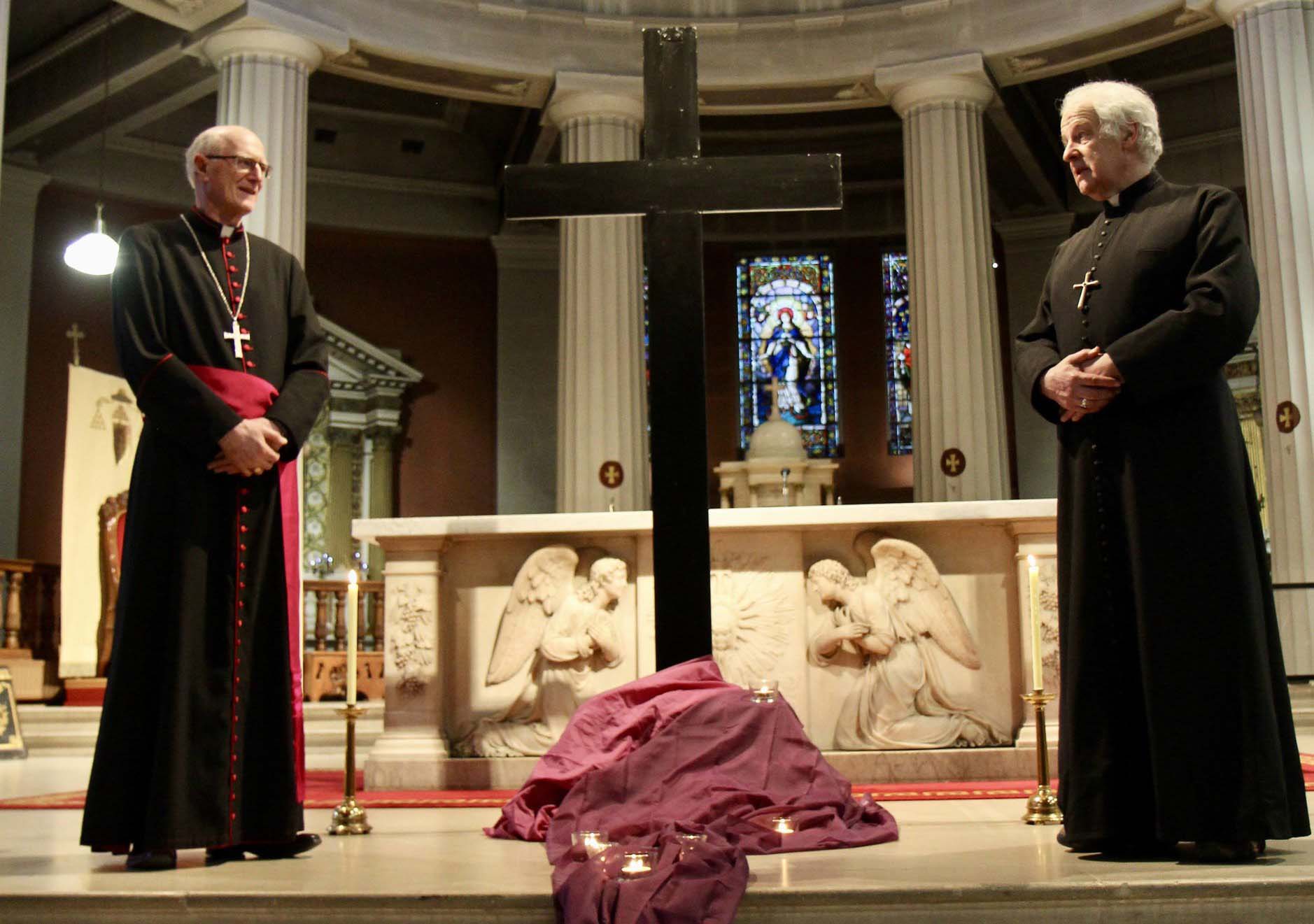 Archbishop Dermot Farrell and Archbishop Michael Jackson in an empty St Mary's Pro&ndash;Cathedral on Good Friday last year.
