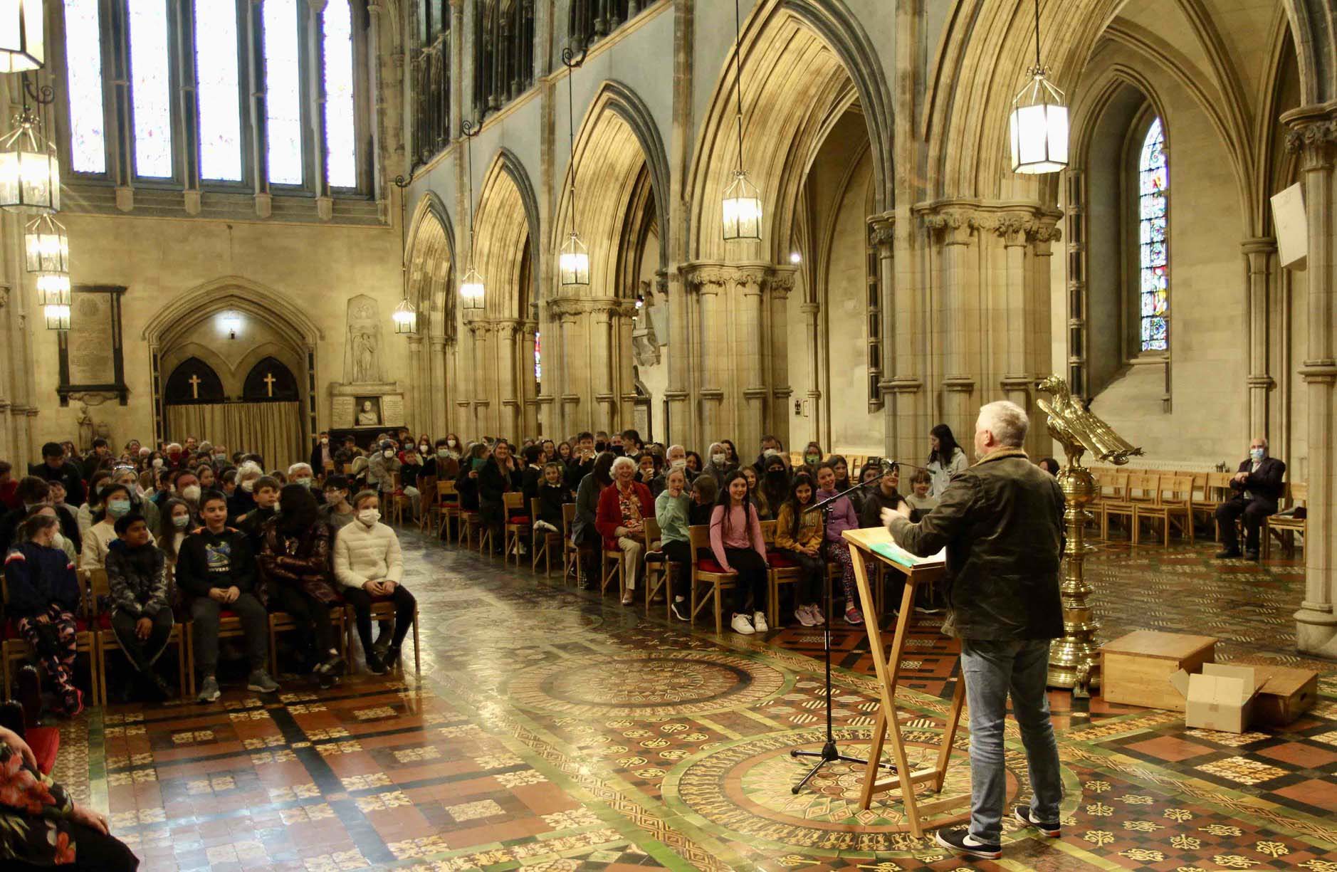 Children from the schools who contributed to the newly published &lsquo;Living Faith, Living History' book in Christ Church Cathedral for the launch.