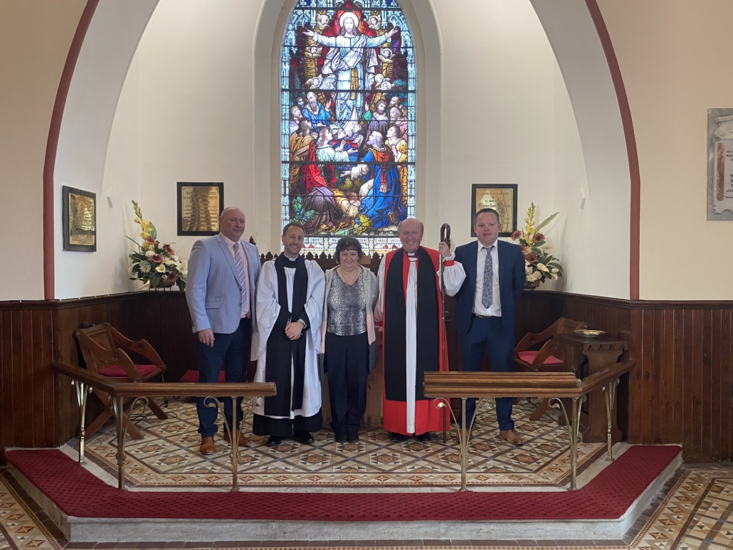 From left: Mr Colin Gordon, the Revd Mark Smith, Veronica Roe, Bishop Ferran Glenfield, and Mr Alan Bleakley.