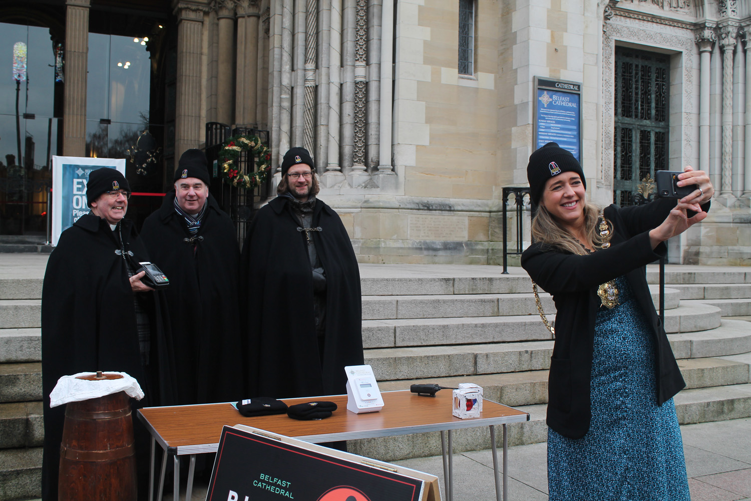 Belfast's Lord Mayor, Kate Nicholl, at the Black Santa launch with Dean Stephen Forde, Bishop David McClay and the Revd Mark Niblock, Dean's Vicar at Belfast Cathedral.