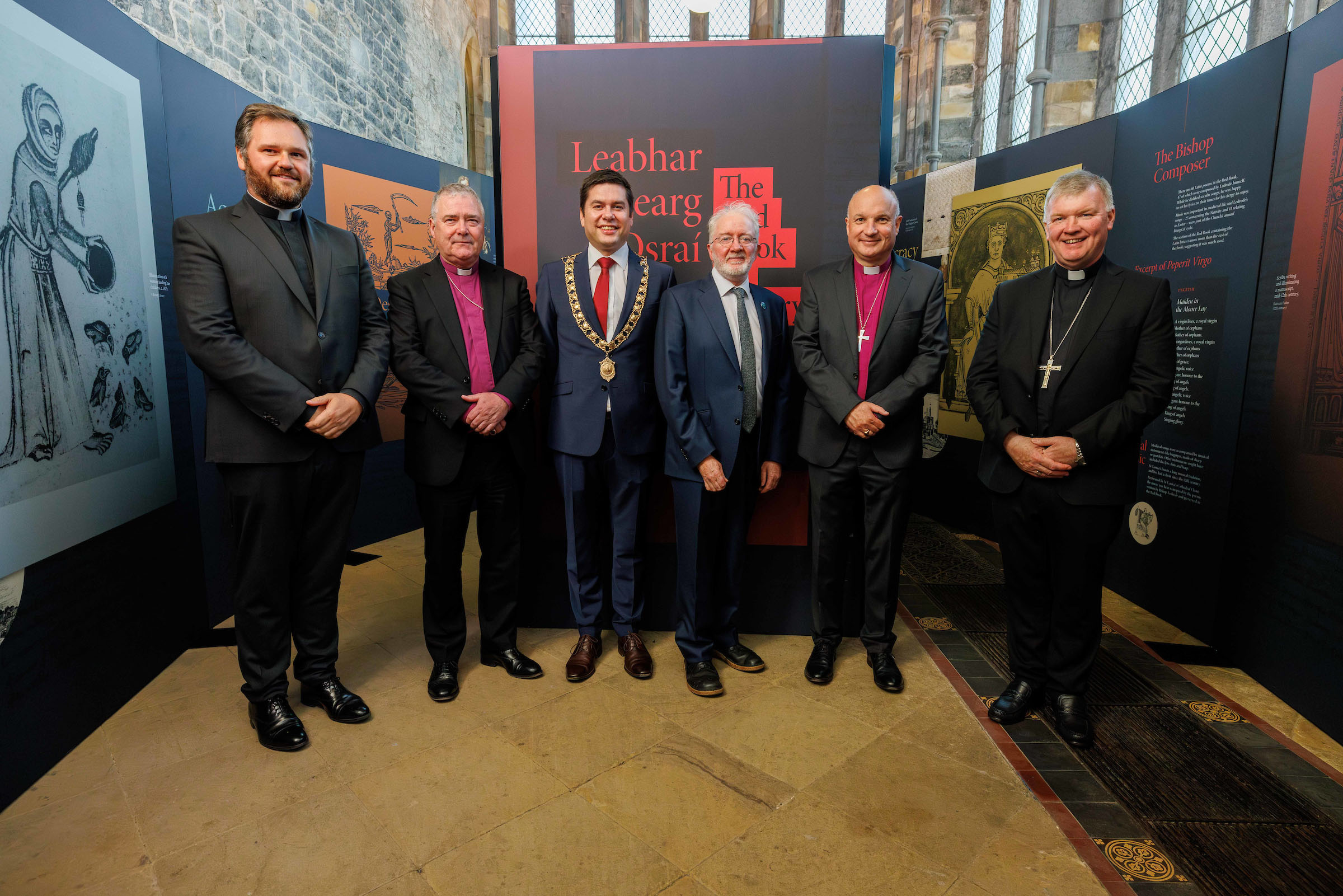 Dean Stephen Farrell, Archbishop John McDowell, Cllr Andrew McGuinness (Mayor of Kilkenny), Minister Malcolm Noonan TD, Bishop Adrian Wilkinson and his counterpart as Bishop of Ossory, Bishop Niall Coll.
