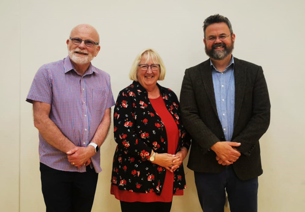 The Rev Dr Bob Cotter, left, at his book launch with Bishop Sarah Groves and Professor Crawford Gribben.