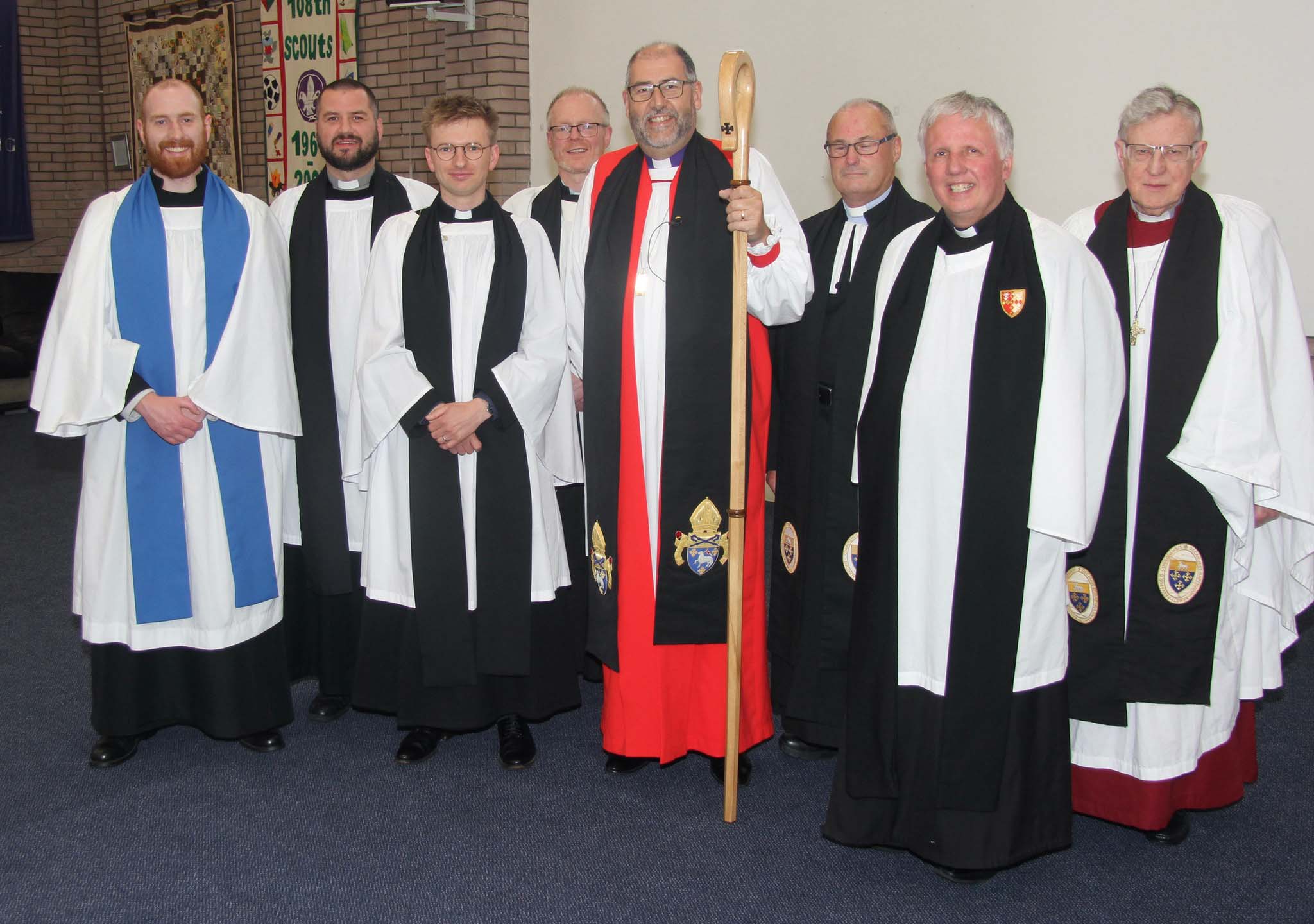 Bishop George Davison with the Rev Jacob Mercer, third from left, and clergy at the Service of Introduction in St Brigid's, Mallusk.