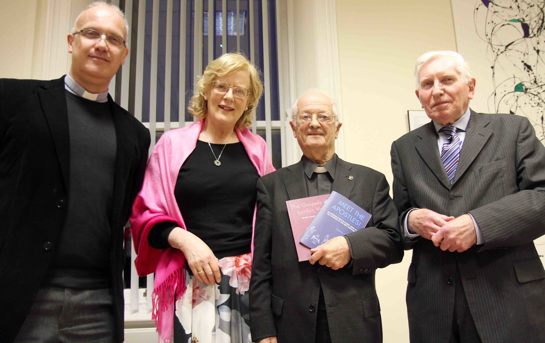 Canon Dr Maurice Elliott, Dr Margaret Daly&ndash;Denton, Canon Prof John Bartlett and Dr Kenneth Milne pictured at the launch of Canon Bartlett's books,  &lsquo;Meet the Apostles' and &lsquo;The Gospels in Iambic Verse', at the Church of Ireland Theological Institute in February 2020.