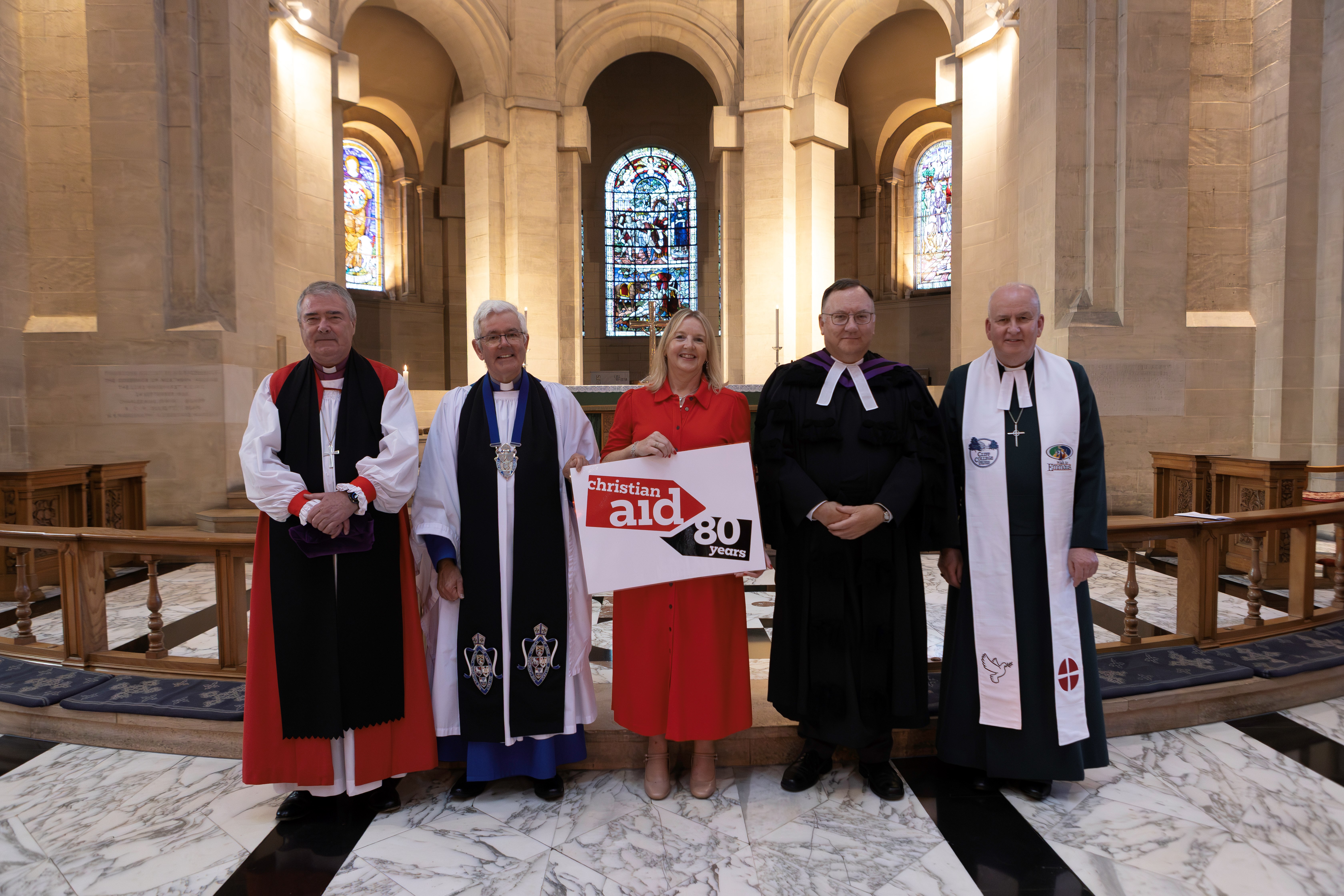 Dean Stephen Forde and Christian Aid Ireland CEO Rosamond Bennett with Archbishop John McDowell; the Rt Revd Dr Trevor Gribben (Moderator of the Presbyterian Church in Ireland); the Revd Alan Wardlow (President of the Methodist Church in Ireland) and Mrs Elaine Barnett (Lay Leader of the Methodist Church in Ireland).