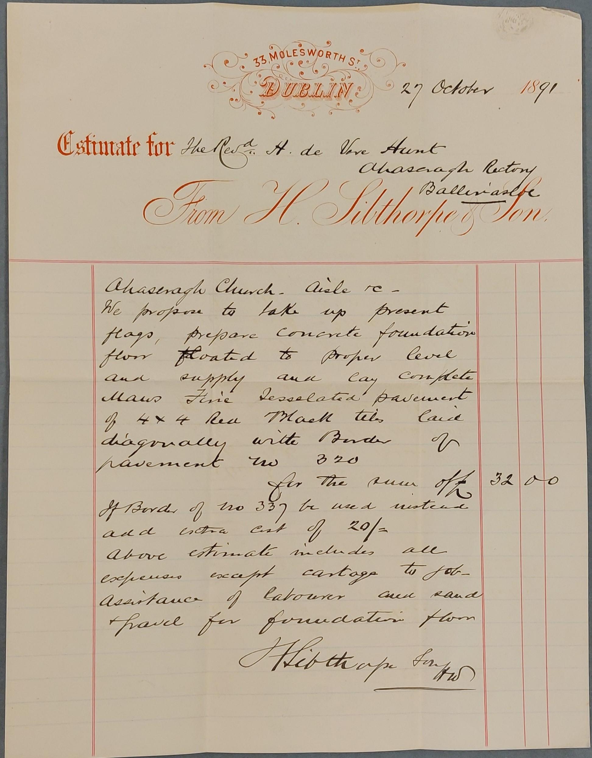 Estimate for altering Ahascragh Church drawn up by H. Sibthorpe & Sons, 1891. RCB Library, P/1218/15.