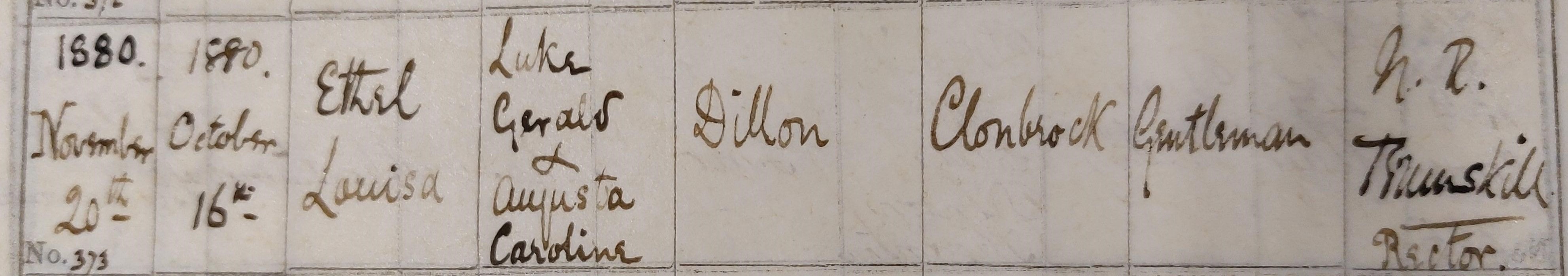 Baptism of Ethel Louisa Dillon in St Catherine's Church, Ahascragh, 20 November 1880. RCB Library, P/1218/2