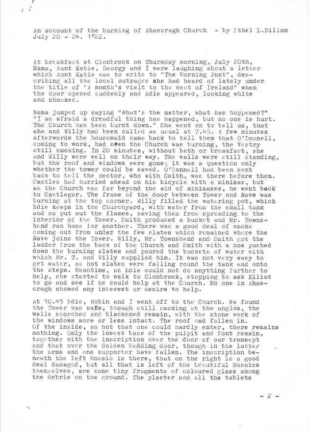 Typescript entitled 'An account of the burning of Ahascragh Church', by Ethel L. Dillon, July 20-24 1922. RCB Library, P/1218/27